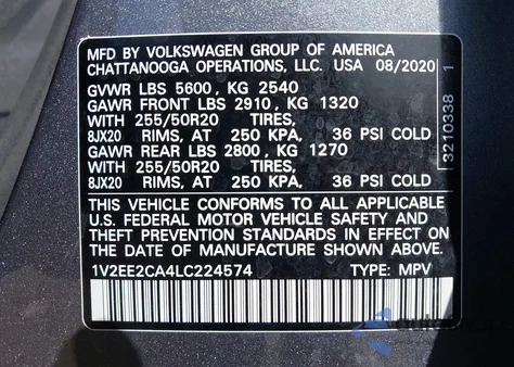 2020 Volkswagen Atlas Cross Sport 3.6L V6 Sel z USA, uszkodzony, nr VIN 1V2EE2CA4LC224574